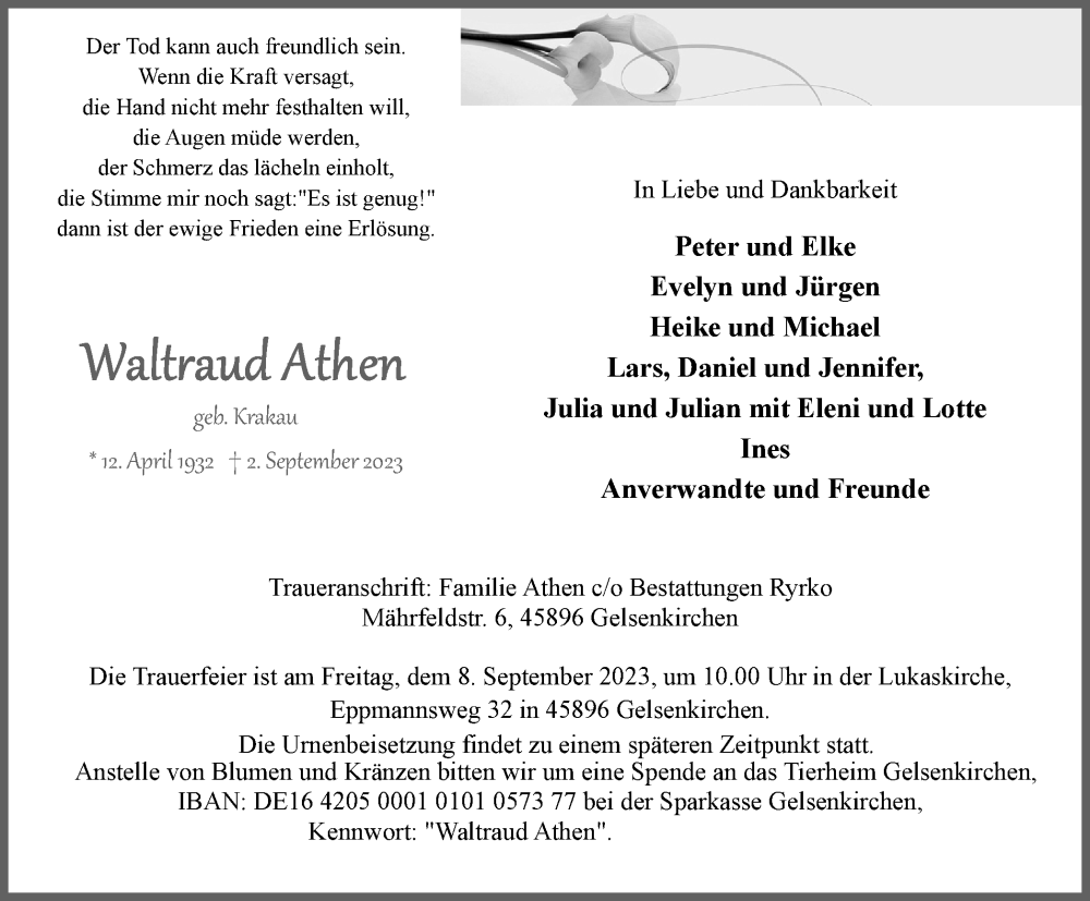  Traueranzeige für Waltraud Athen vom 07.09.2023 aus Tageszeitung