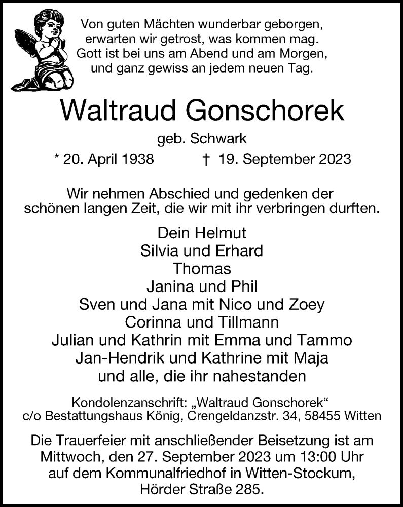 Traueranzeige für Waltraud Gonschorek vom 23.09.2023 aus Tageszeitung