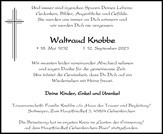 Traueranzeige von Waltraud Knobbe von Tageszeitung