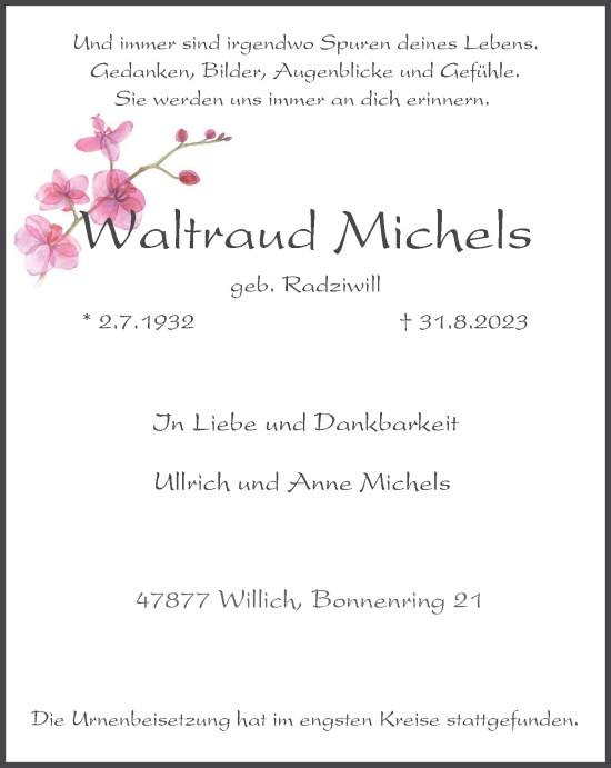 Traueranzeige von Waltraud Michels von Tageszeitung