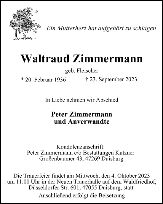 Traueranzeige von Waltraud Zimmermann von Tageszeitung