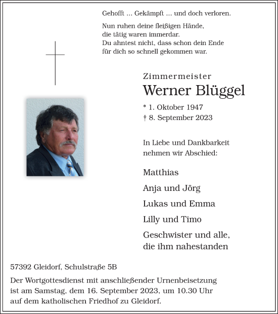 Traueranzeige von Werner Blüggel von Tageszeitung