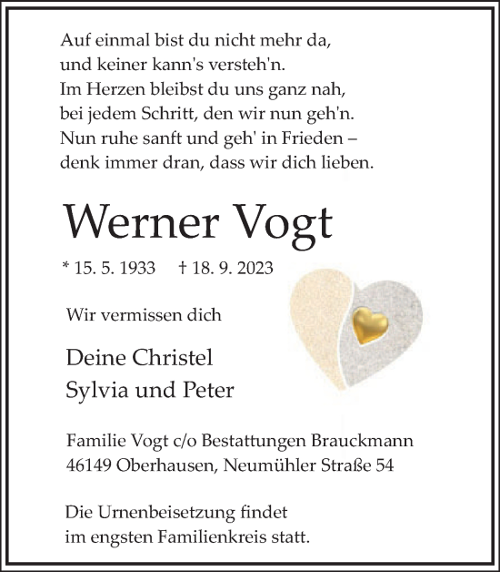 Traueranzeige von Werner Vogt von Tageszeitung