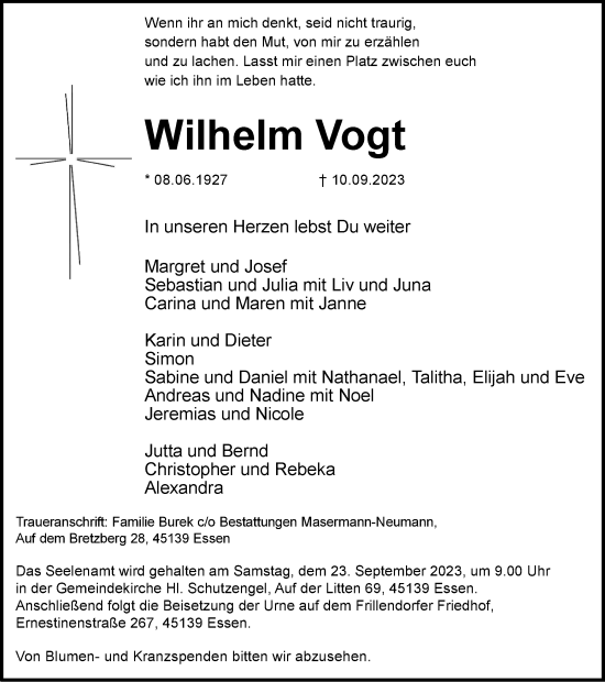 Traueranzeige von Wilhelm Vogt von Tageszeitung