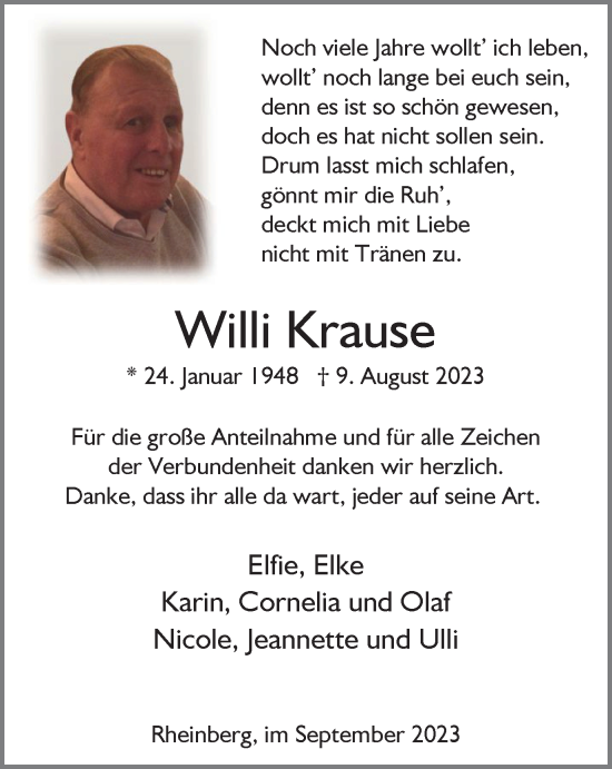 Traueranzeige von Willi Krause von Tageszeitung