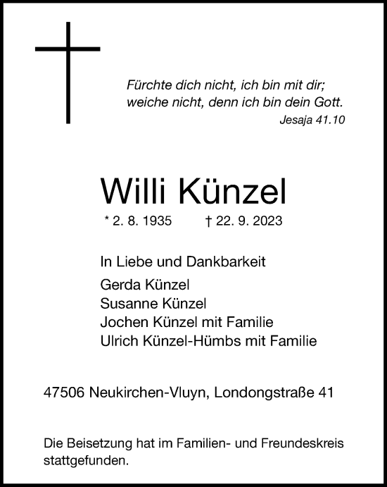 Traueranzeige von Willi Künzel von Tageszeitung