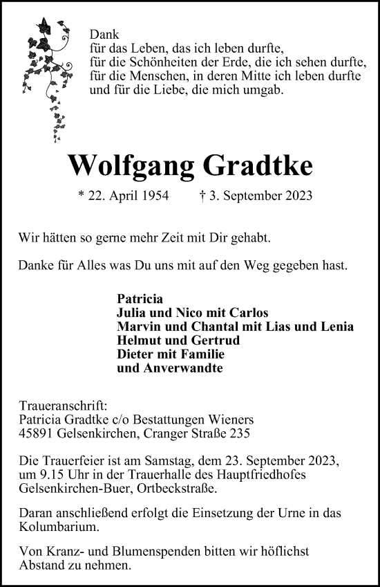 Traueranzeige von Wolfgang Gradtke von Tageszeitung