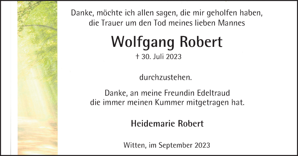  Traueranzeige für Wolfgang Robert vom 09.09.2023 aus Tageszeitung
