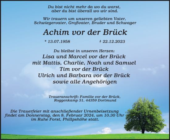 Traueranzeige von Achim vor der Brück von Tageszeitung