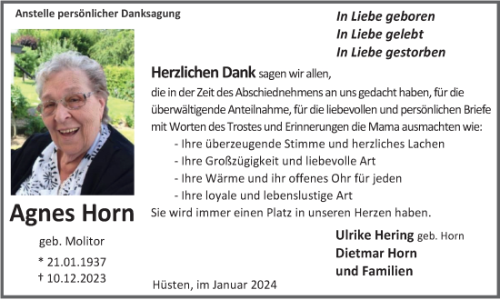 Traueranzeige von Agnes Horn von Tageszeitung