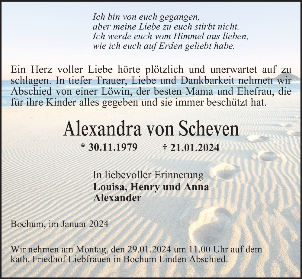  Traueranzeige für Alexandra von Scheven vom 27.01.2024 aus Tageszeitung