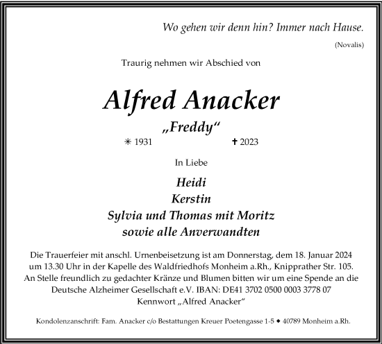 Traueranzeige von Alfred Anacker von Tageszeitung