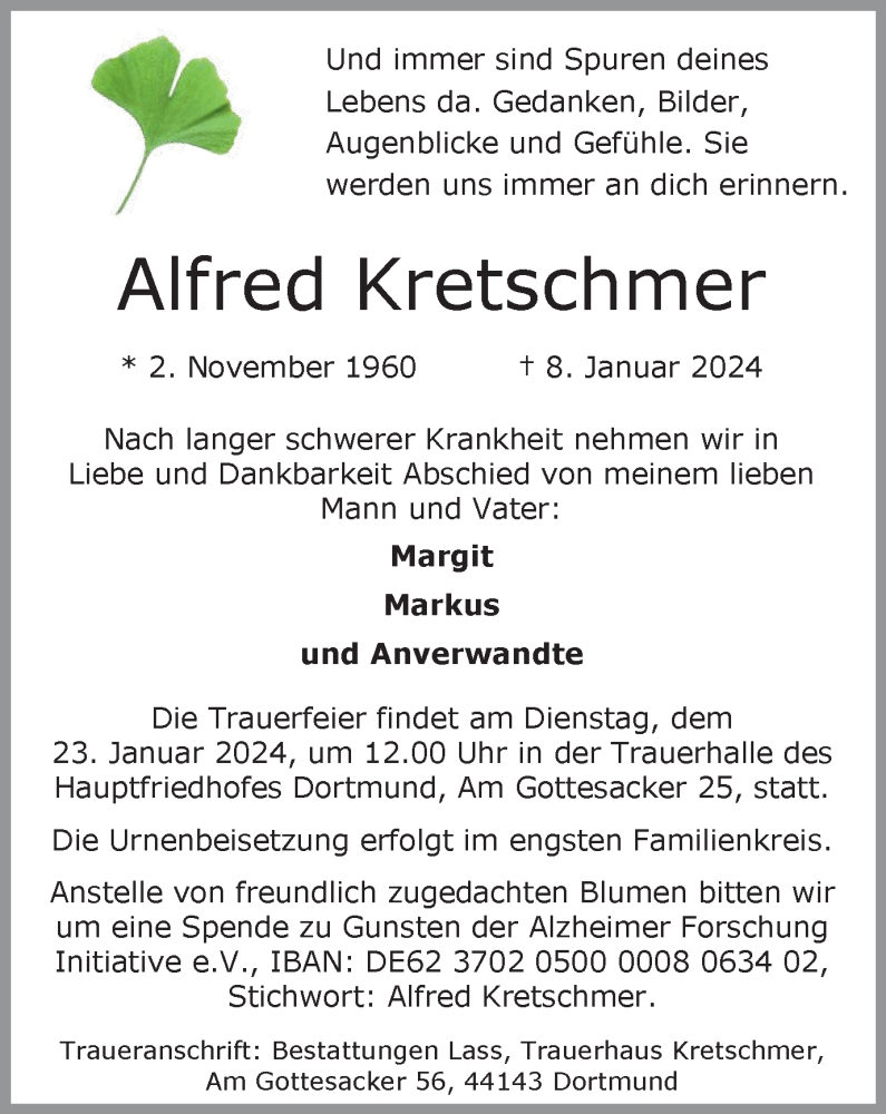  Traueranzeige für Alfred Kretschmer vom 13.01.2024 aus Tageszeitung