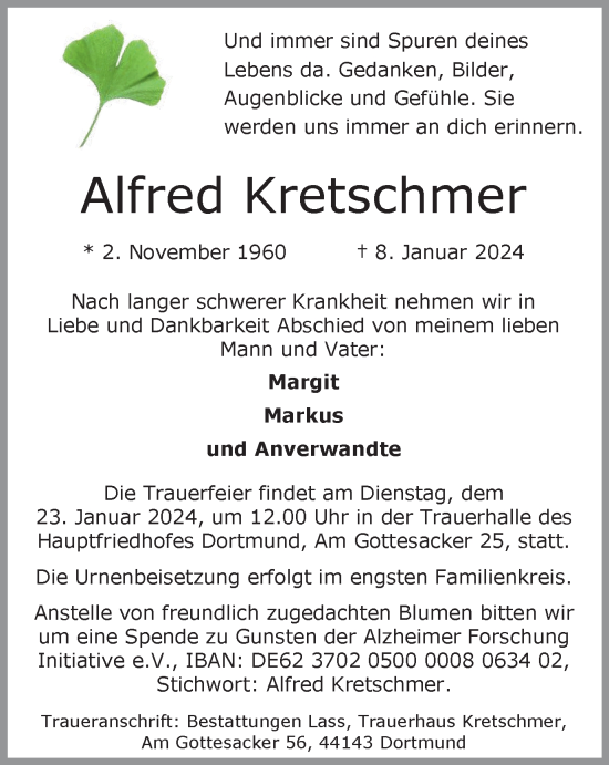 Traueranzeige von Alfred Kretschmer von Tageszeitung