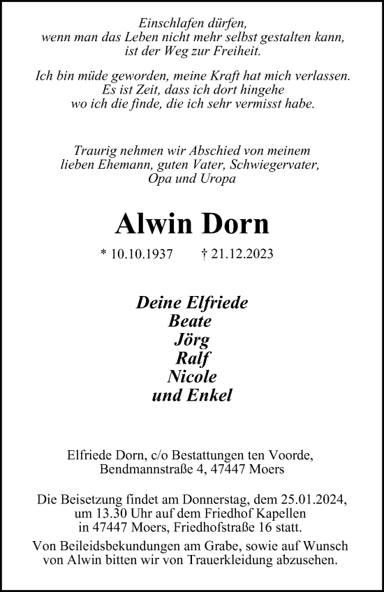 Traueranzeige von Alwin Dorn von Tageszeitung