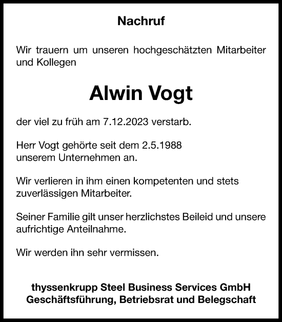 Traueranzeige von Alwin Vogt von Tageszeitung