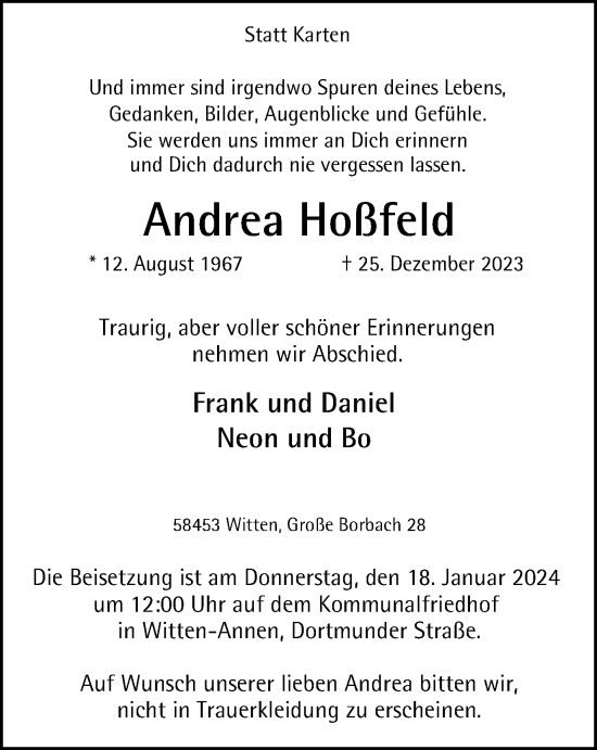 Traueranzeige von Andrea Hoßfeld von Tageszeitung