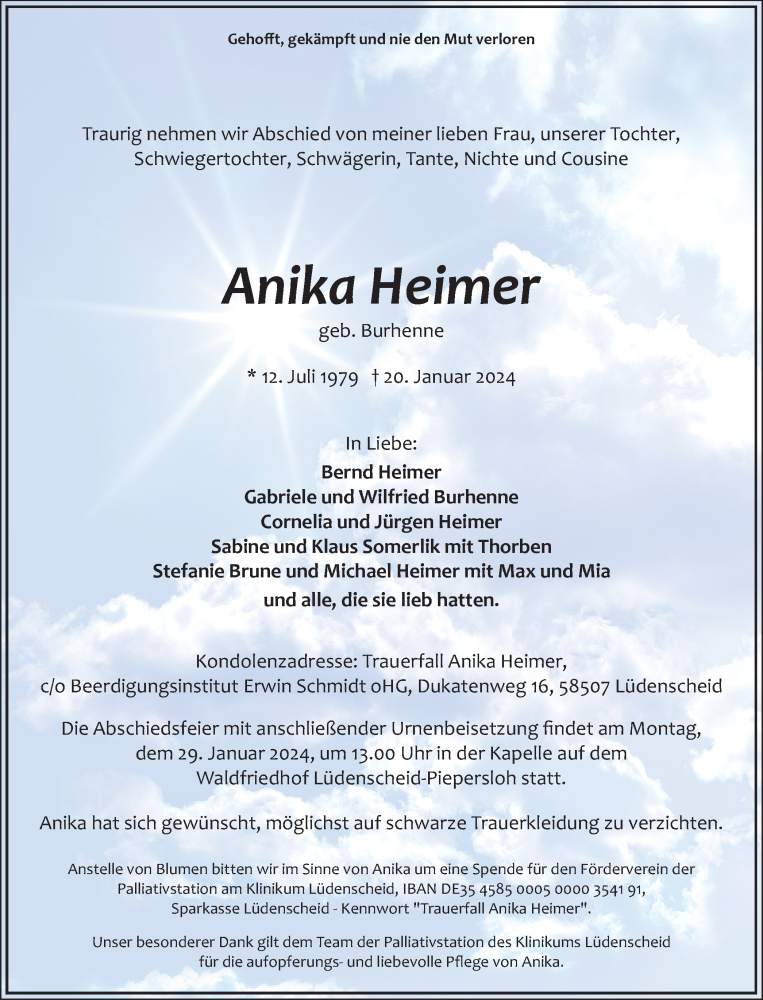  Traueranzeige für Anika Heimer vom 24.01.2024 aus Tageszeitung