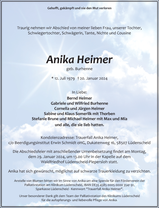 Traueranzeige von Anika Heimer von Tageszeitung