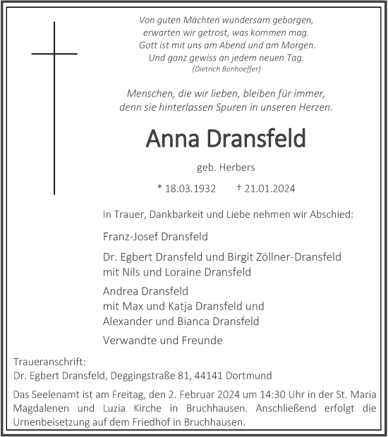 Traueranzeige von Anna Dransfeld von Tageszeitung