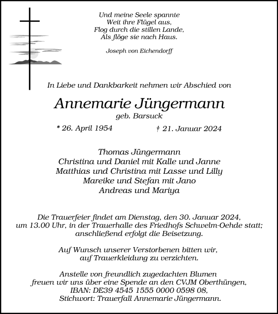 Traueranzeige von Annemarie Jüngermann von Tageszeitung