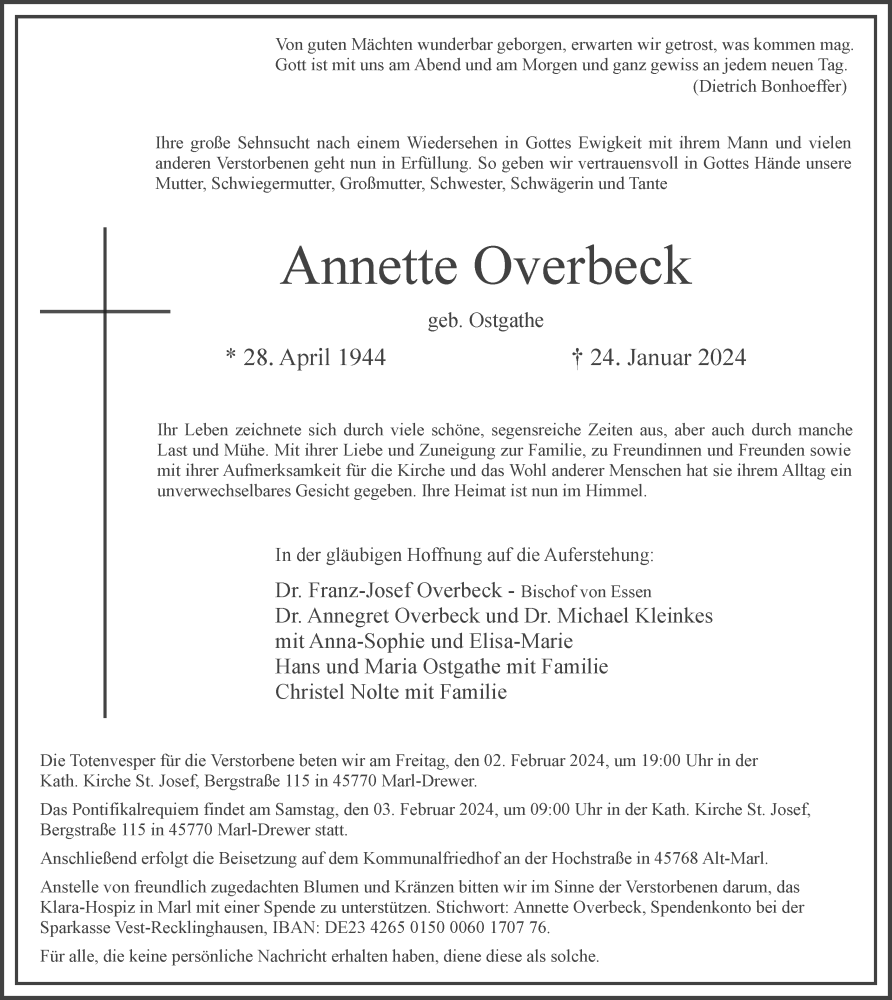  Traueranzeige für Annette Overbeck vom 27.01.2024 aus Tageszeitung