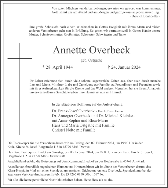 Traueranzeige von Annette Overbeck von Tageszeitung