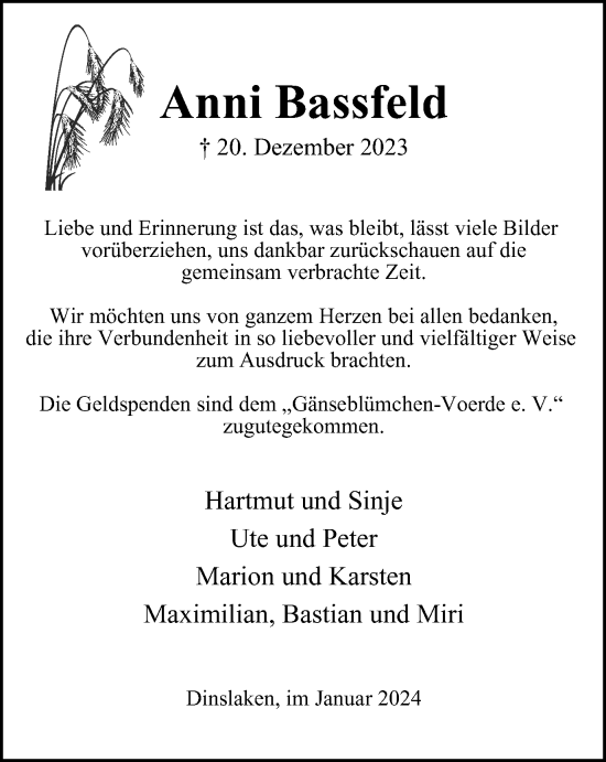 Traueranzeige von Anni Bassfeld von Tageszeitung