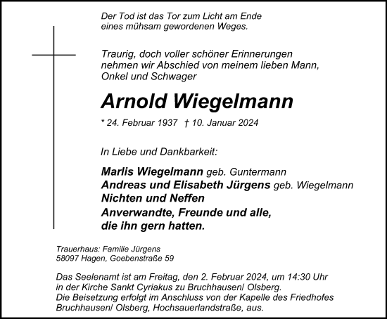 Traueranzeige von Arnold Wiegelmann von Tageszeitung