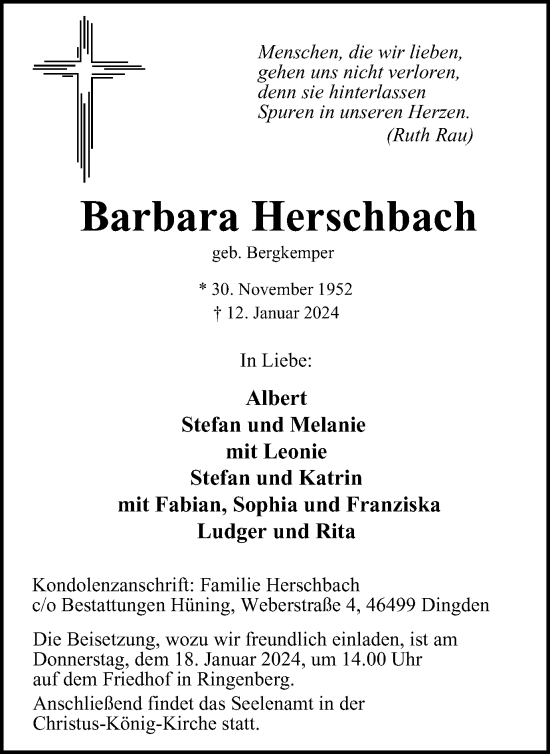 Traueranzeige von Barbara Herschbach von Tageszeitung