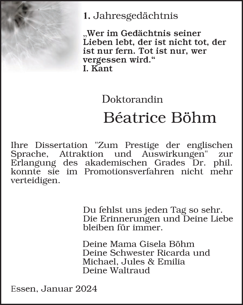 Traueranzeigen von Beatrice B hm Trauer in NRW.de