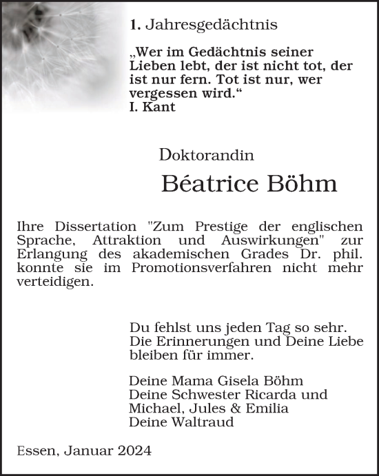 Traueranzeige von Beatrice Böhm von Tageszeitung