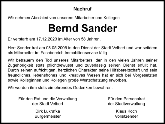 Traueranzeige von Bernd Sander von Tageszeitung