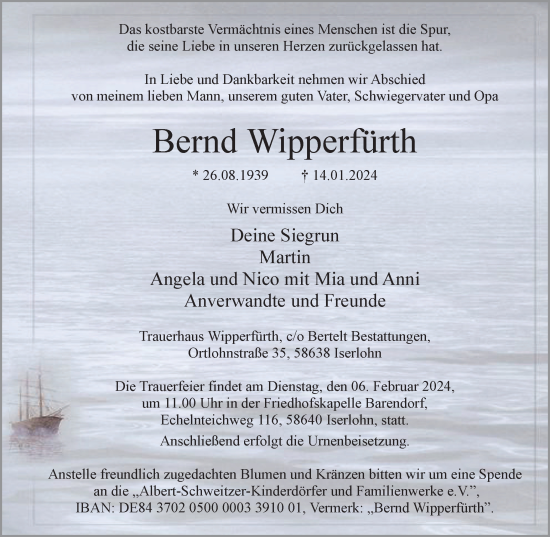 Traueranzeige von Bernd Wipperfürth von Tageszeitung