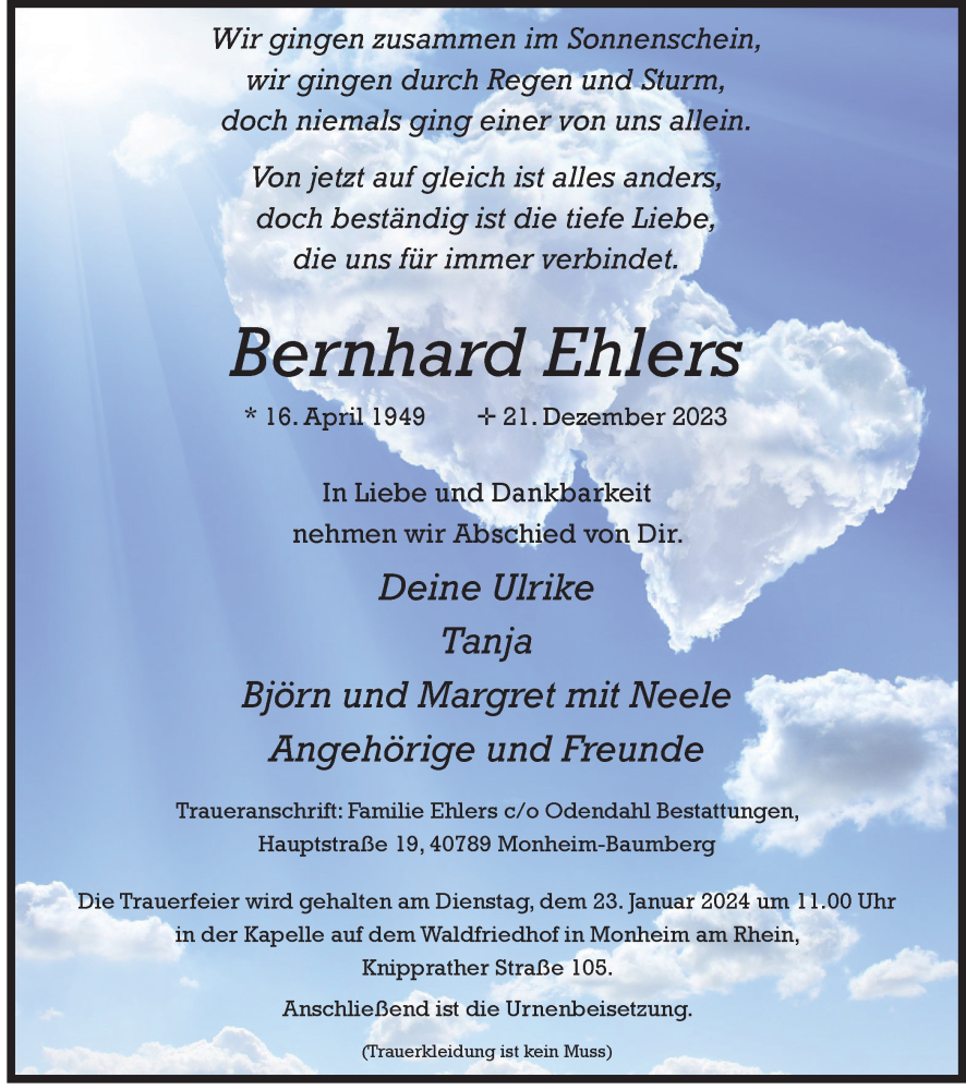  Traueranzeige für Bernhard Ehlers vom 13.01.2024 aus Tageszeitung