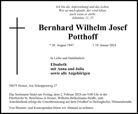 Traueranzeige von Bernhard Wilhelm Josef Potthoff von Tageszeitung