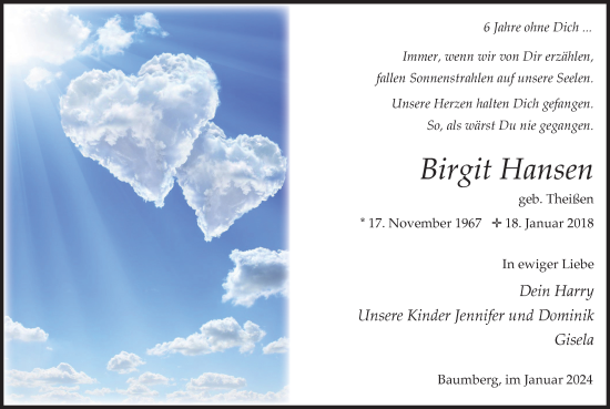 Traueranzeige von Birgit Hansen von Tageszeitung