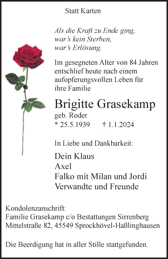 Traueranzeige von Brigitte Grasekamp von Tageszeitung