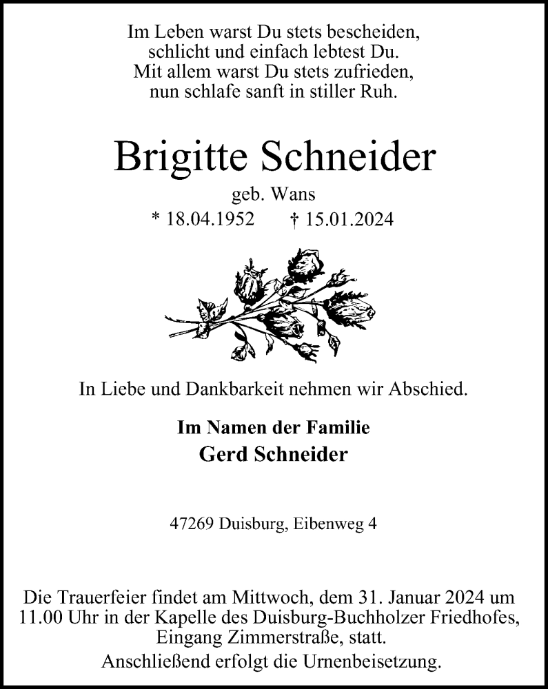  Traueranzeige für Brigitte Schneider vom 20.01.2024 aus Tageszeitung