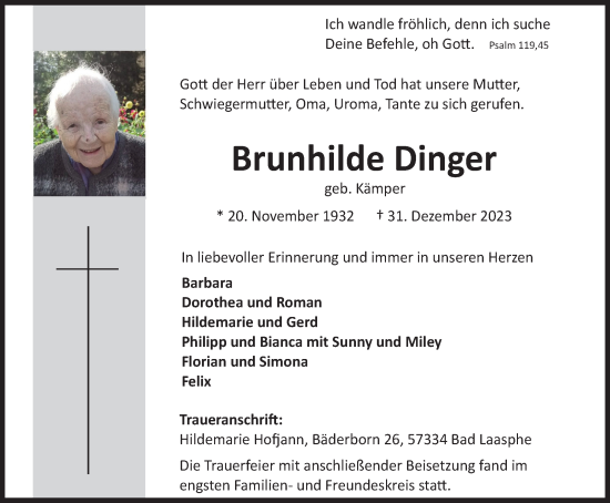 Traueranzeige von Brunhilde Dinger von Tageszeitung