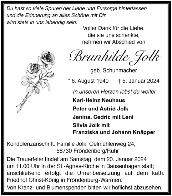 Traueranzeige von Brunhilde Jolk von Tageszeitung