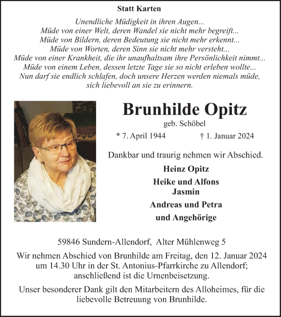 Traueranzeige von Brunhilde Opitz von Tageszeitung