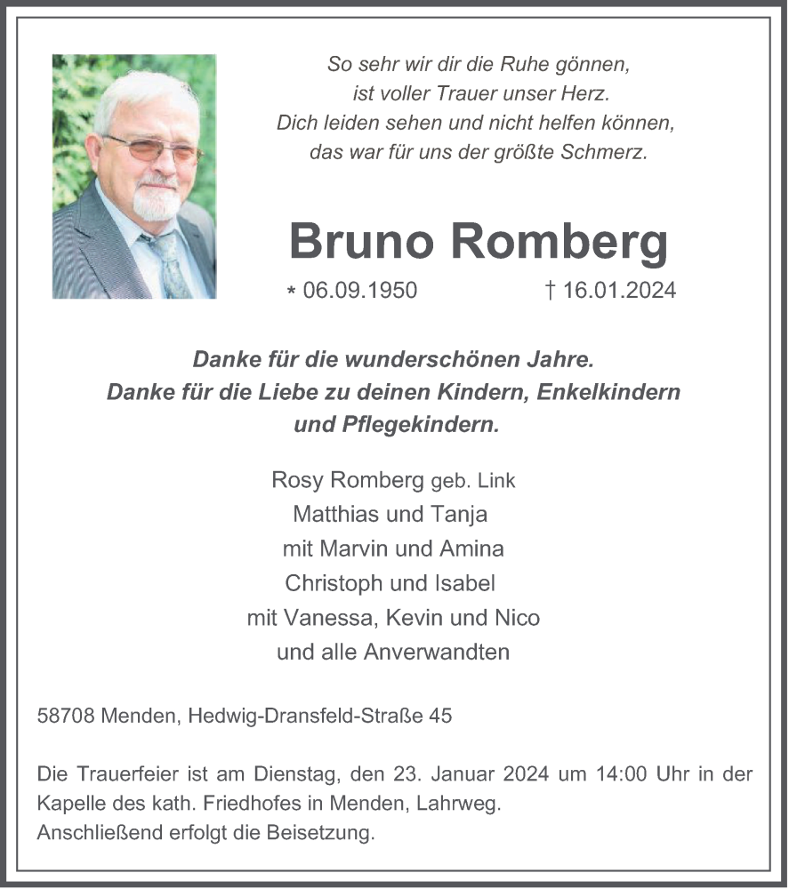  Traueranzeige für Bruno Romberg vom 20.01.2024 aus Tageszeitung