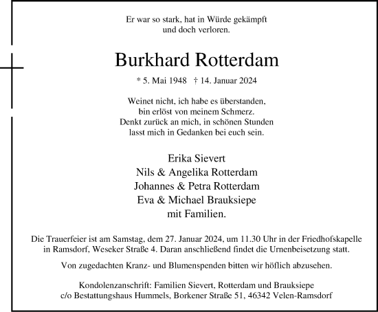 Traueranzeige von Burkhard Rotterdam von Tageszeitung