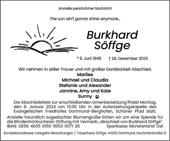 Traueranzeige von Burkhard Söffge von Tageszeitung