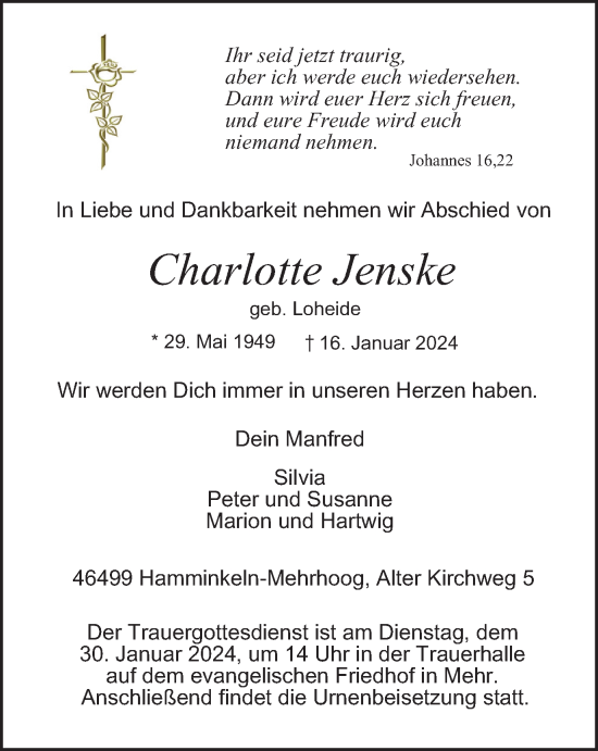 Traueranzeige von Charlotte Jenske von Tageszeitung