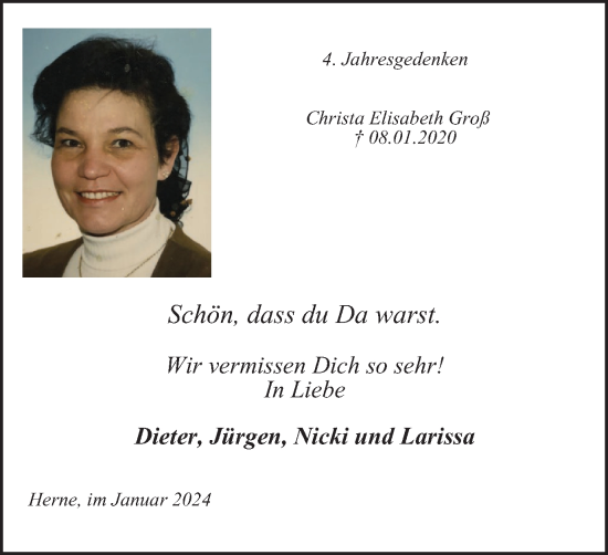 Traueranzeige von Christa Elisabeth Groß von Tageszeitung