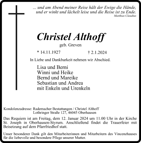Traueranzeige von Christel Althoff von Tageszeitung