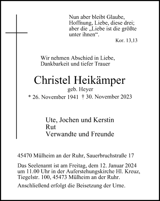 Traueranzeige von Christel Heikämper von Tageszeitung