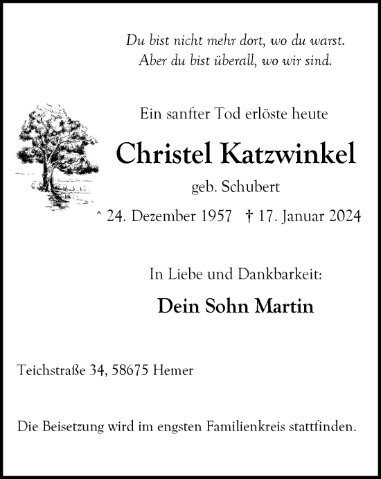 Traueranzeige von Christel Katzwinkel von Tageszeitung